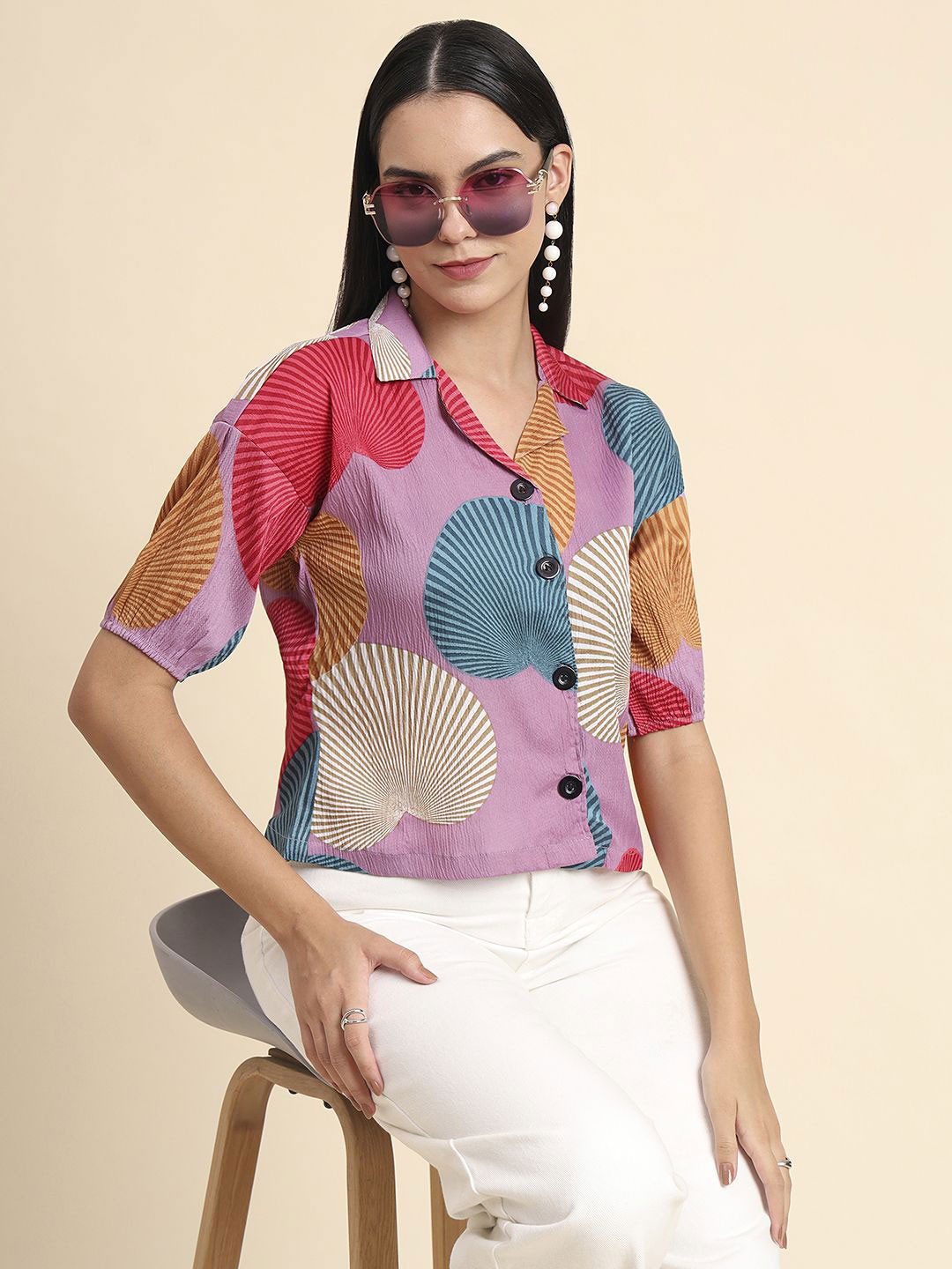 DressBerry Women Classic Boxy Fit Abstract Printed Cuban Collar Casual Shirt
