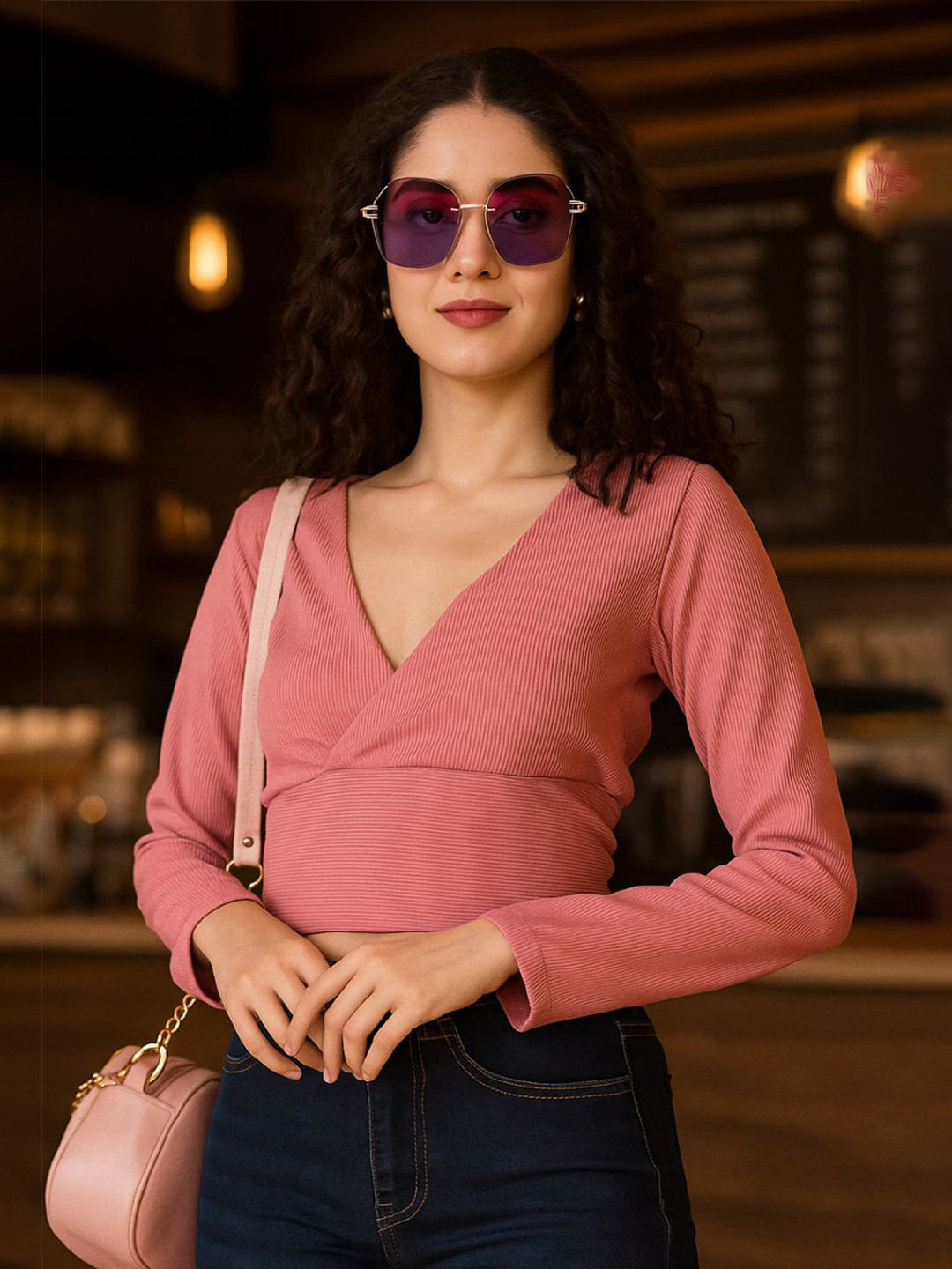 DressBerry Women Ribbed V-Neck Wrap Crop Top