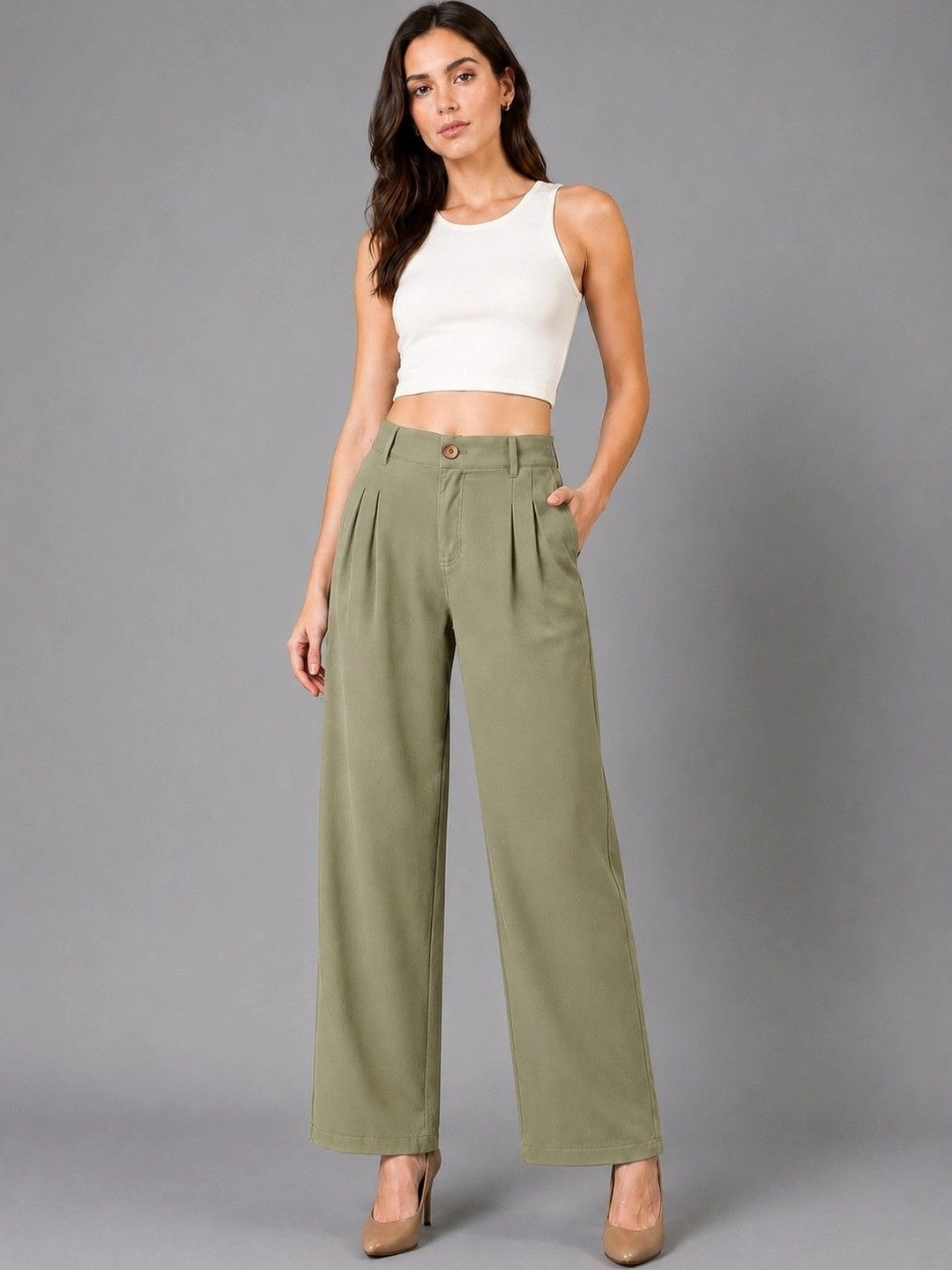 Mast & Harbour Women Relaxed Straight Leg High-Rise Easy Wash Trousers