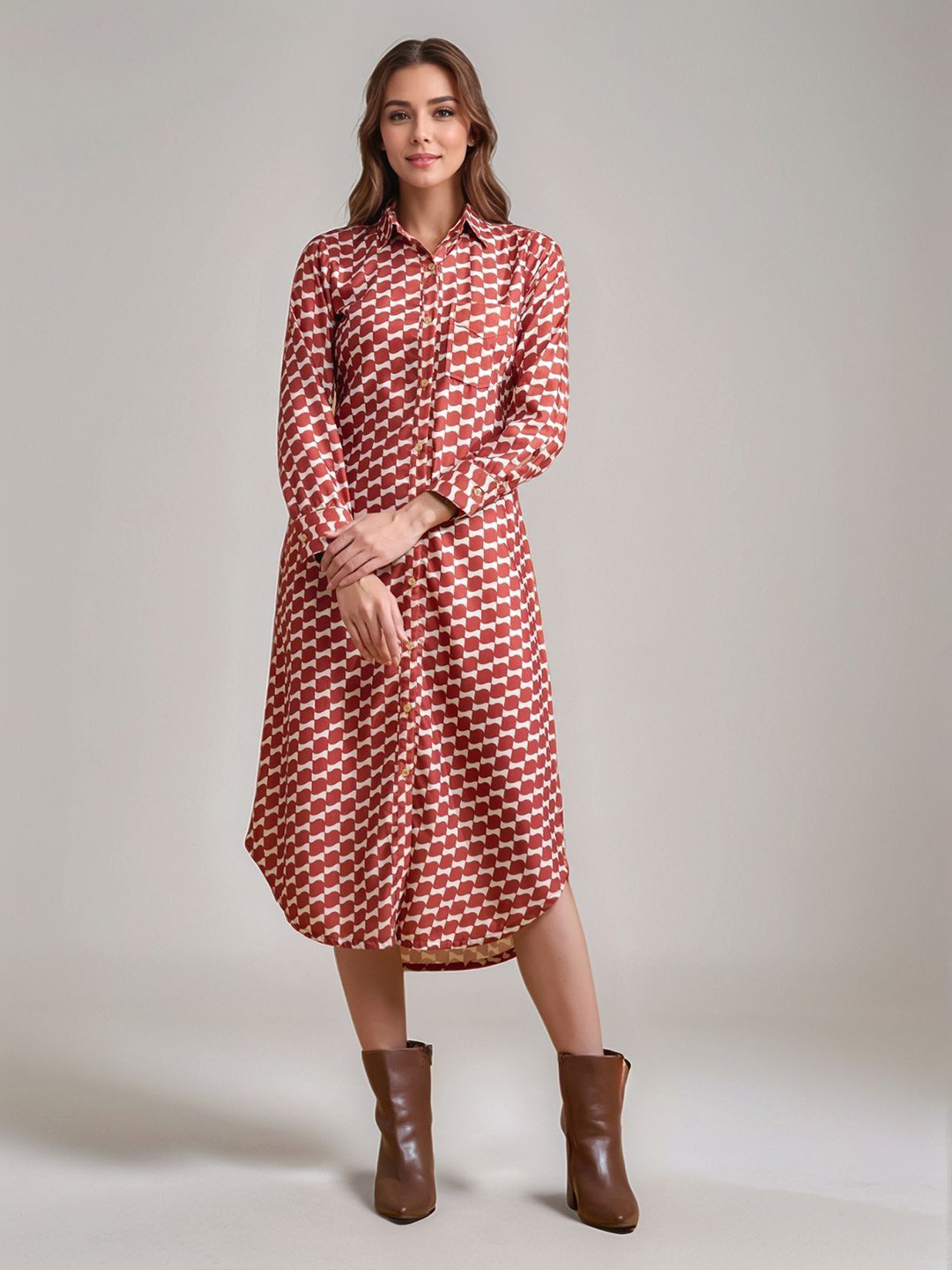 DressBerry Women Print Shirt Collar Cuffed Sleeves Shirt Dress