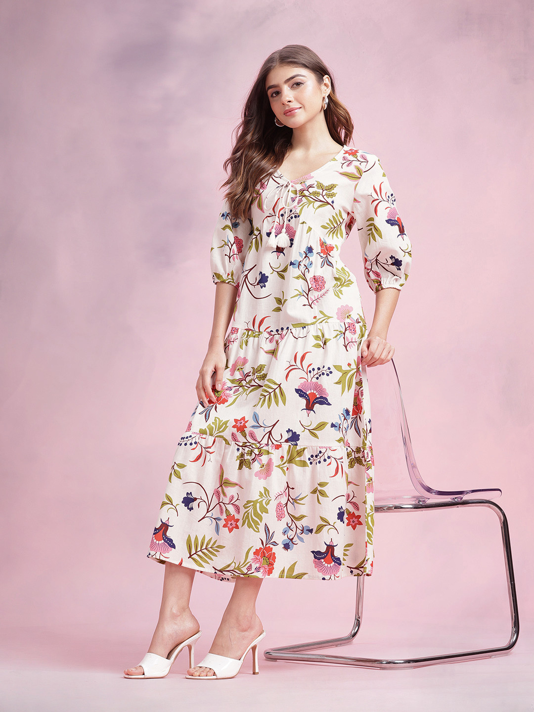DressBerry Floral Printed V-Neck A-Line Midi Dress