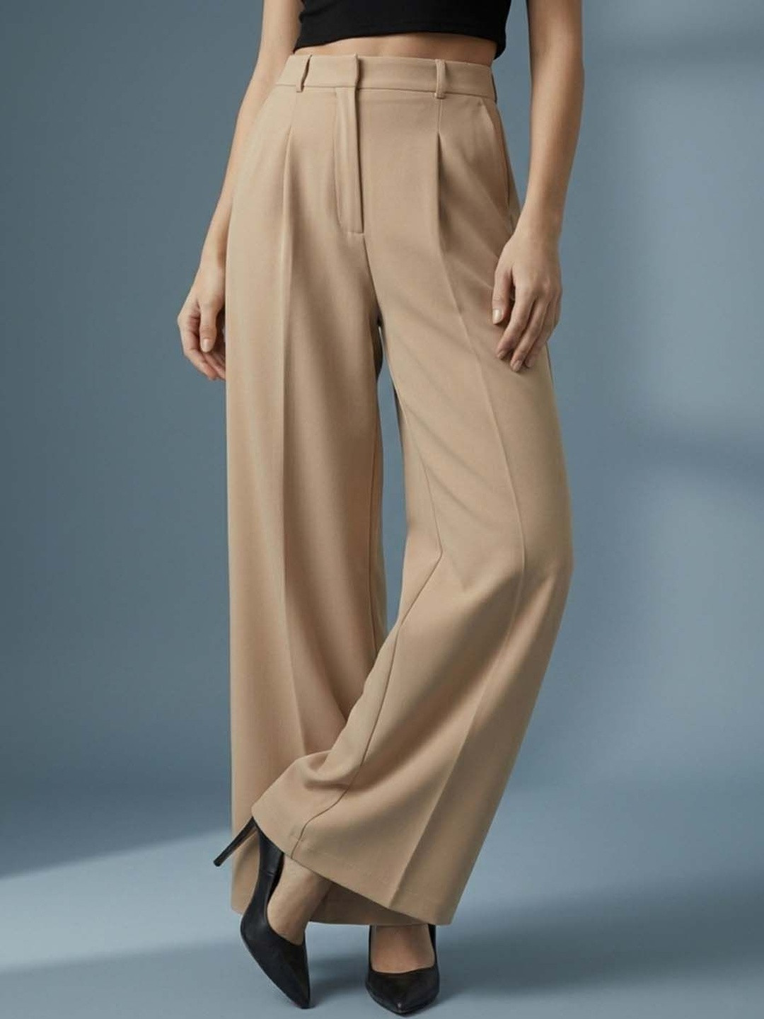 DressBerry Women's Poly Lycra Blend Smart Beige High-Waisted Pleated Wide-Leg Trousers