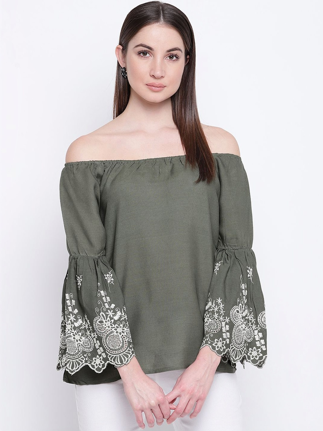 DressBerry Embellished Embroidered Off-Shoulder Bell Sleeve Top