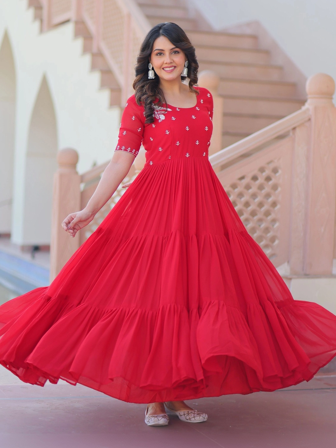 NAVYAAZRI Embroidered Round Neck A-Line Ethnic Dresses