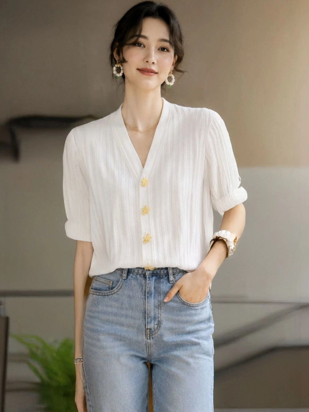 KPOP Women V-Neck Short Sleeves Top