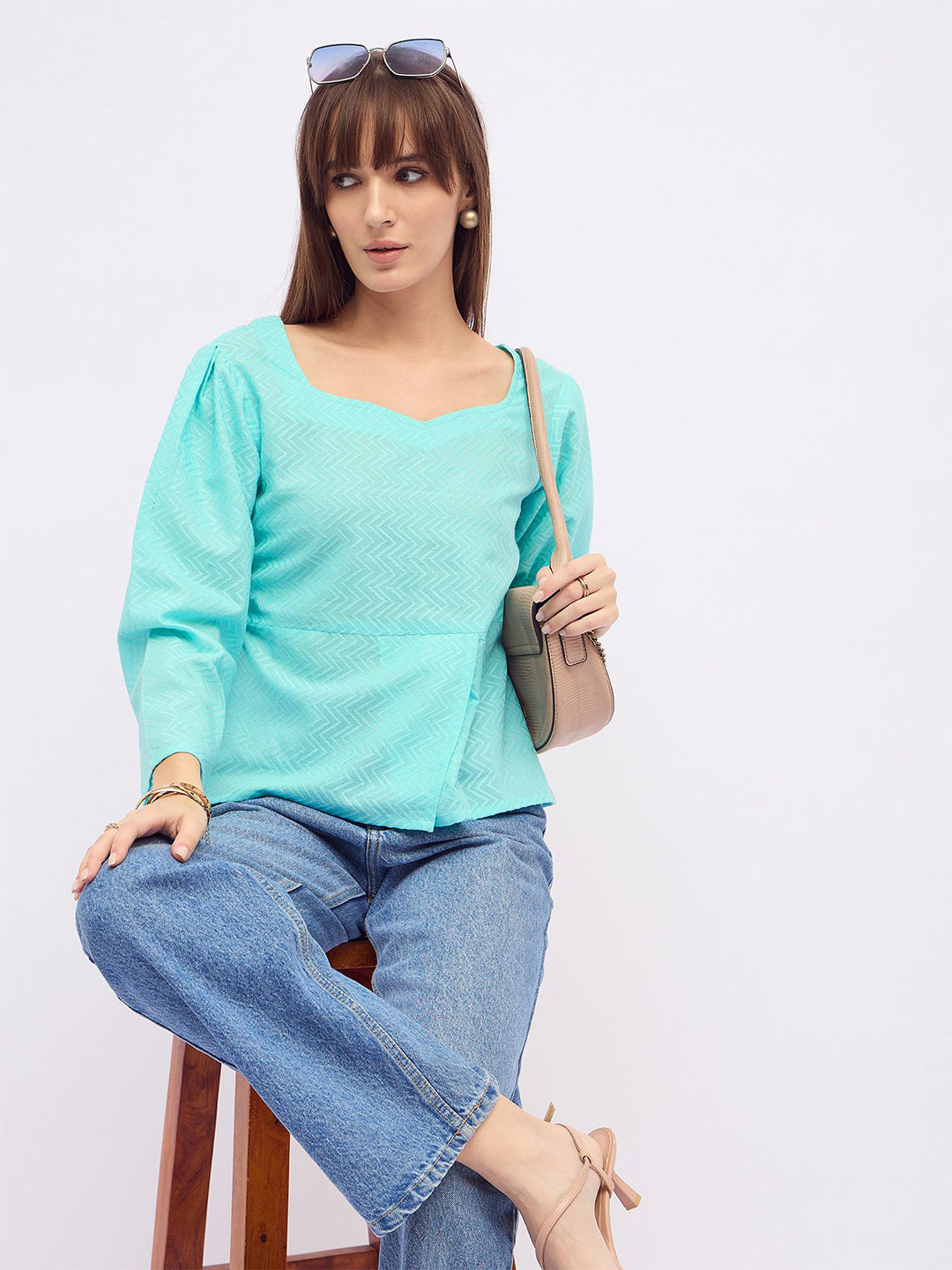 DressBerry Women Self Design Sweetheart Neck Cotton Top