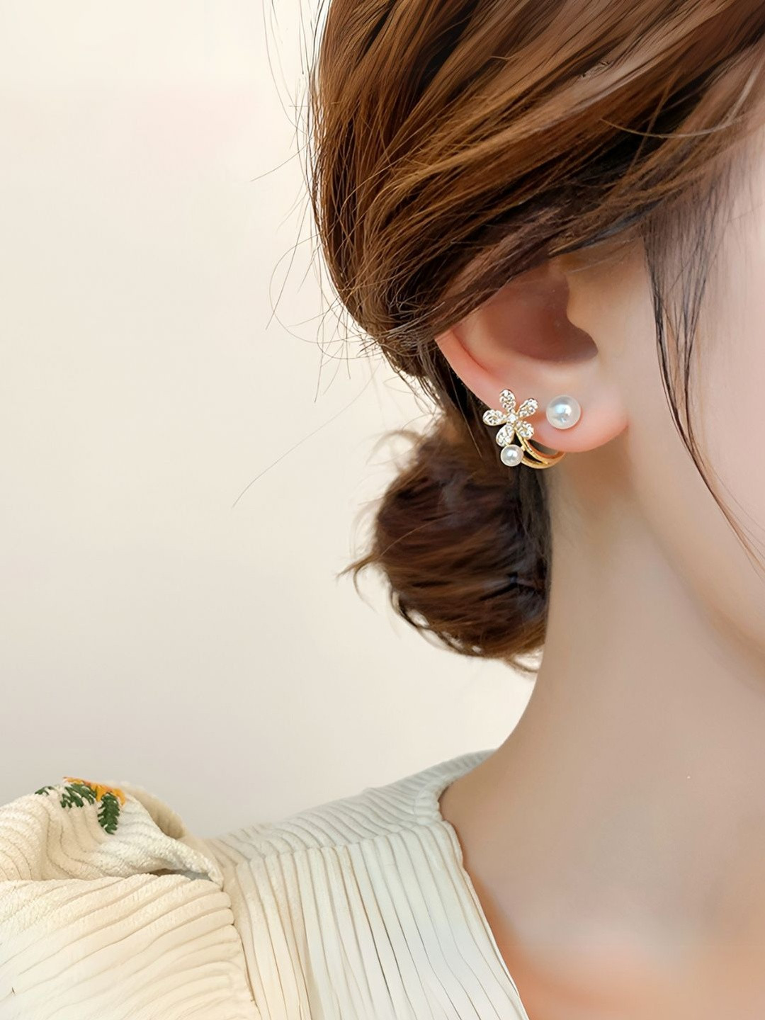 DressBerry Gold Plated Floral Pearl Stud Earrings
