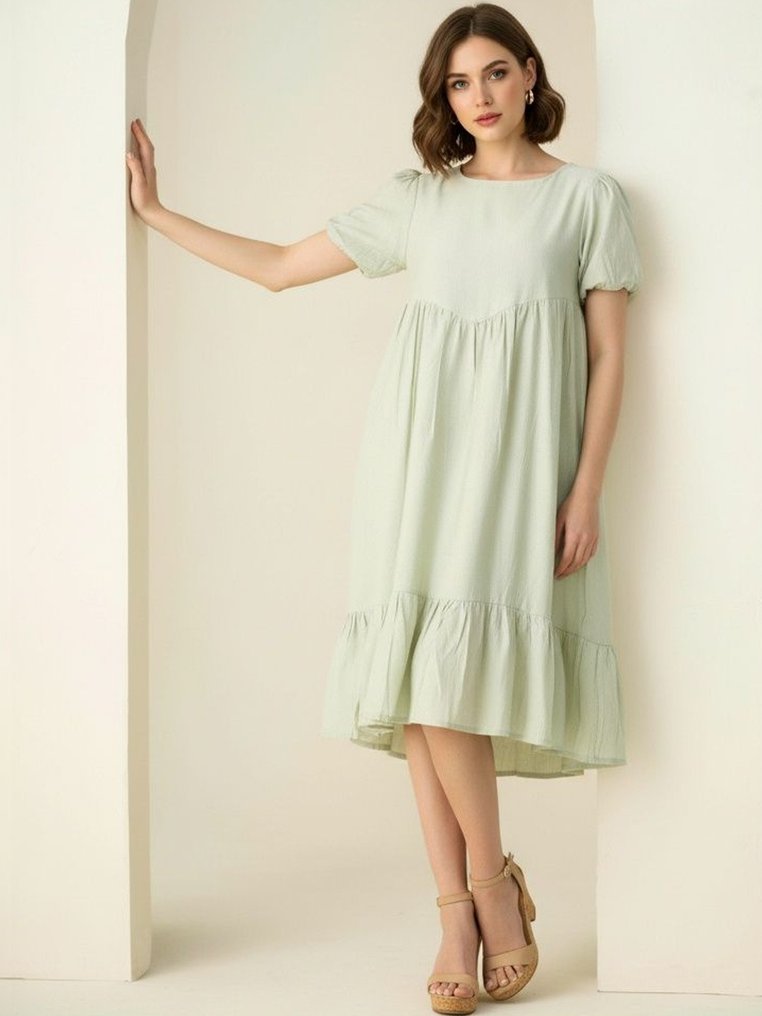 DressBerry Puff Sleeve A-Line Midi Dress