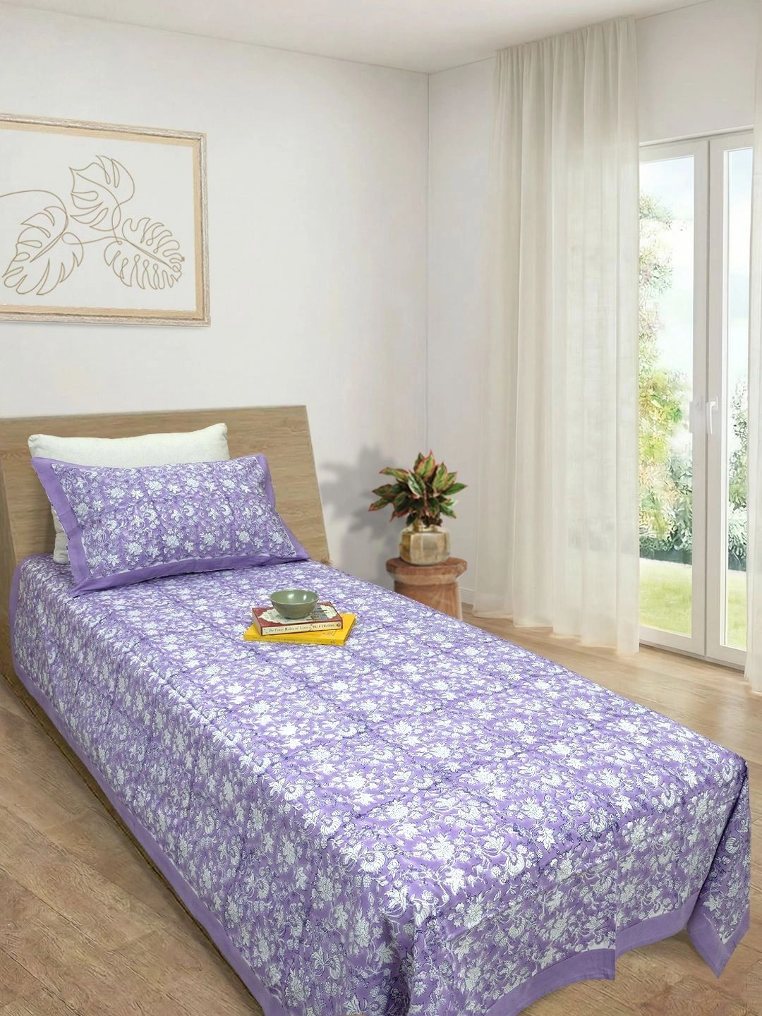 TOAI Purple & White Floral 300 TC Single Bedsheet with 1 Pillow Covers