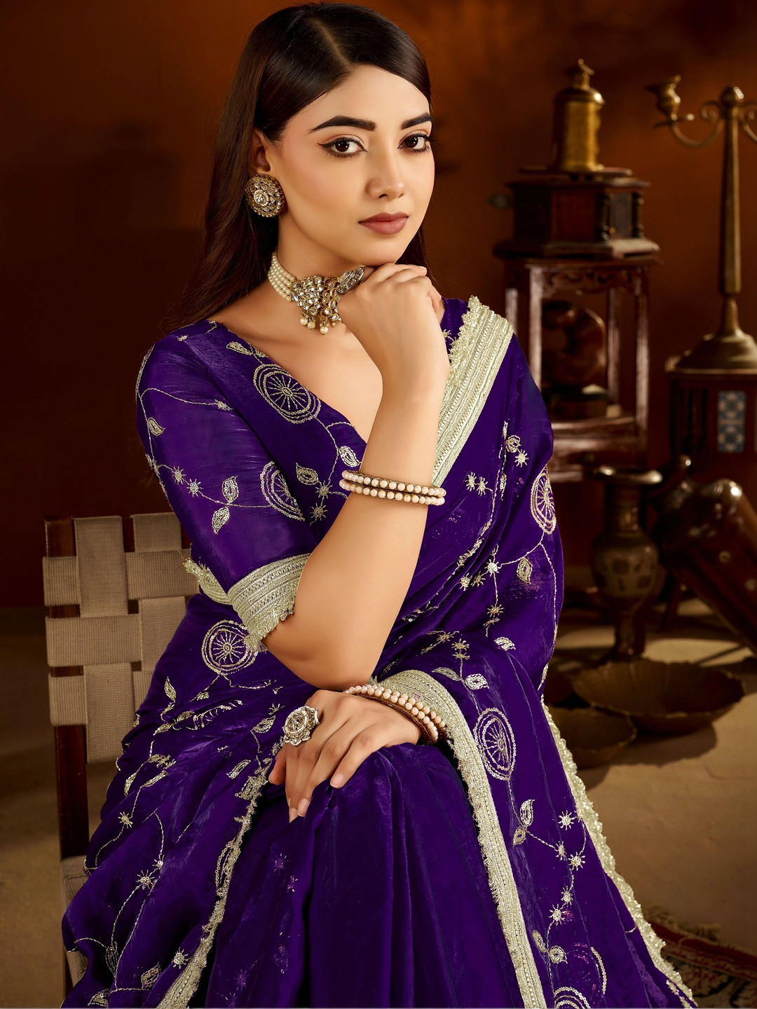 GRUHNAREE Embellished Embroidered Satin Saree