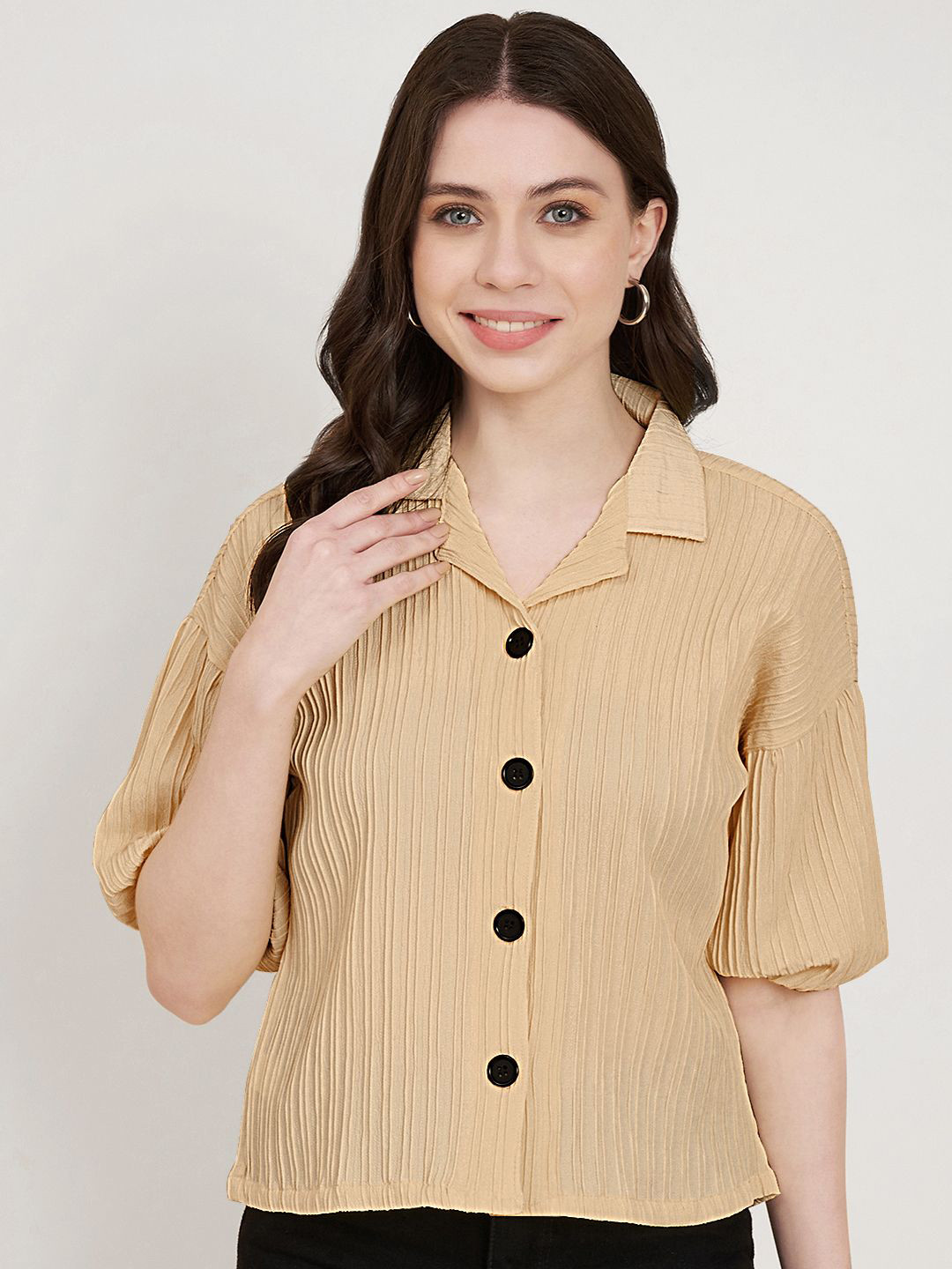 DressBerry Women Classic Boxy Fit Textured Cuban Collar Casual Shirt