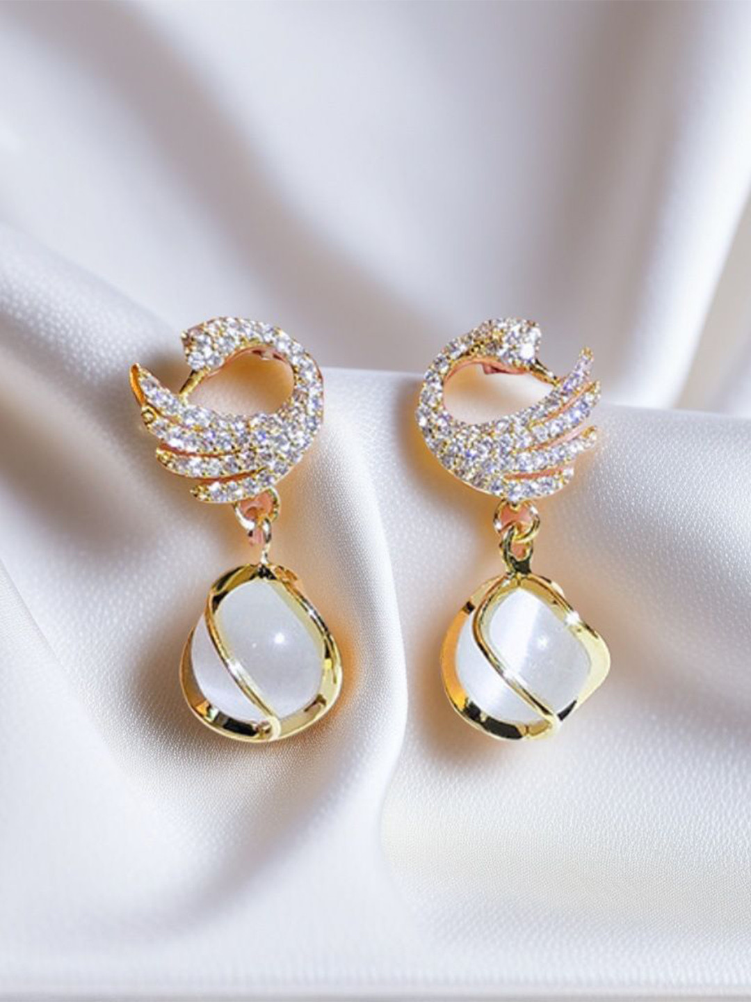 DressBerry Korean Gold-Plated Pearls Beaded Swan Shaped Drop Earrings