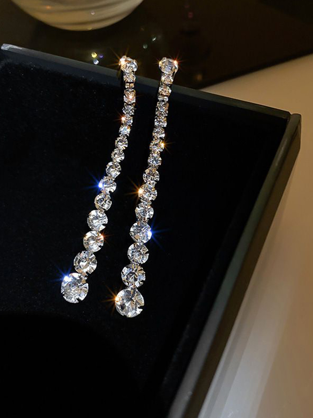 DressBerry Korean Silver-Plated American Diamond Contemporary Drop Earrings