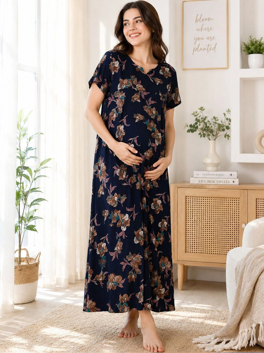 MomToBe Women Navy Blue Printed Maternity Maxi Cotton Nightdress