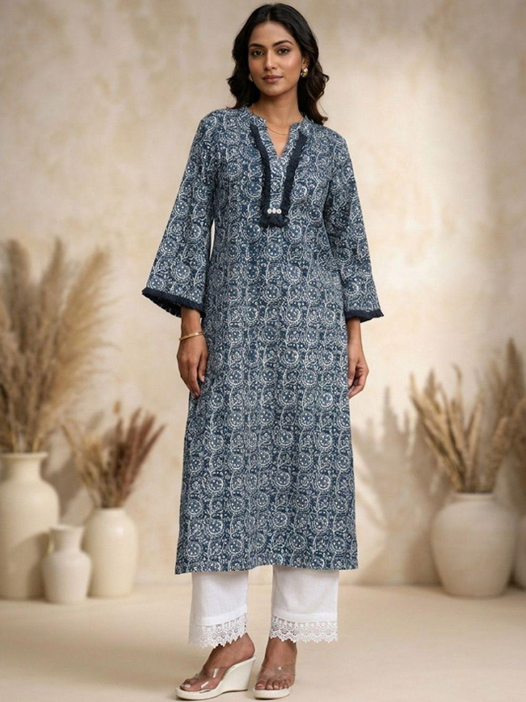Sangria Printed Cotton Mandarin Collar Calf Length Straight Kurtas