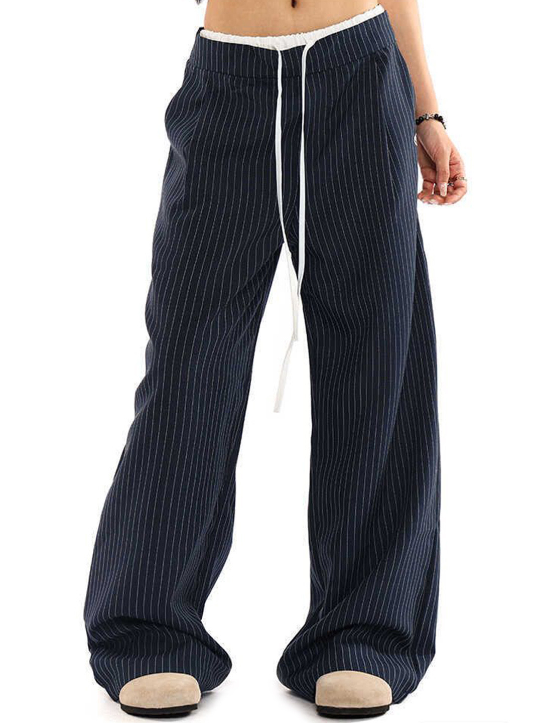 DressBerry Women Striped Mid-Rise Korean Pants Loose Fit Trousers