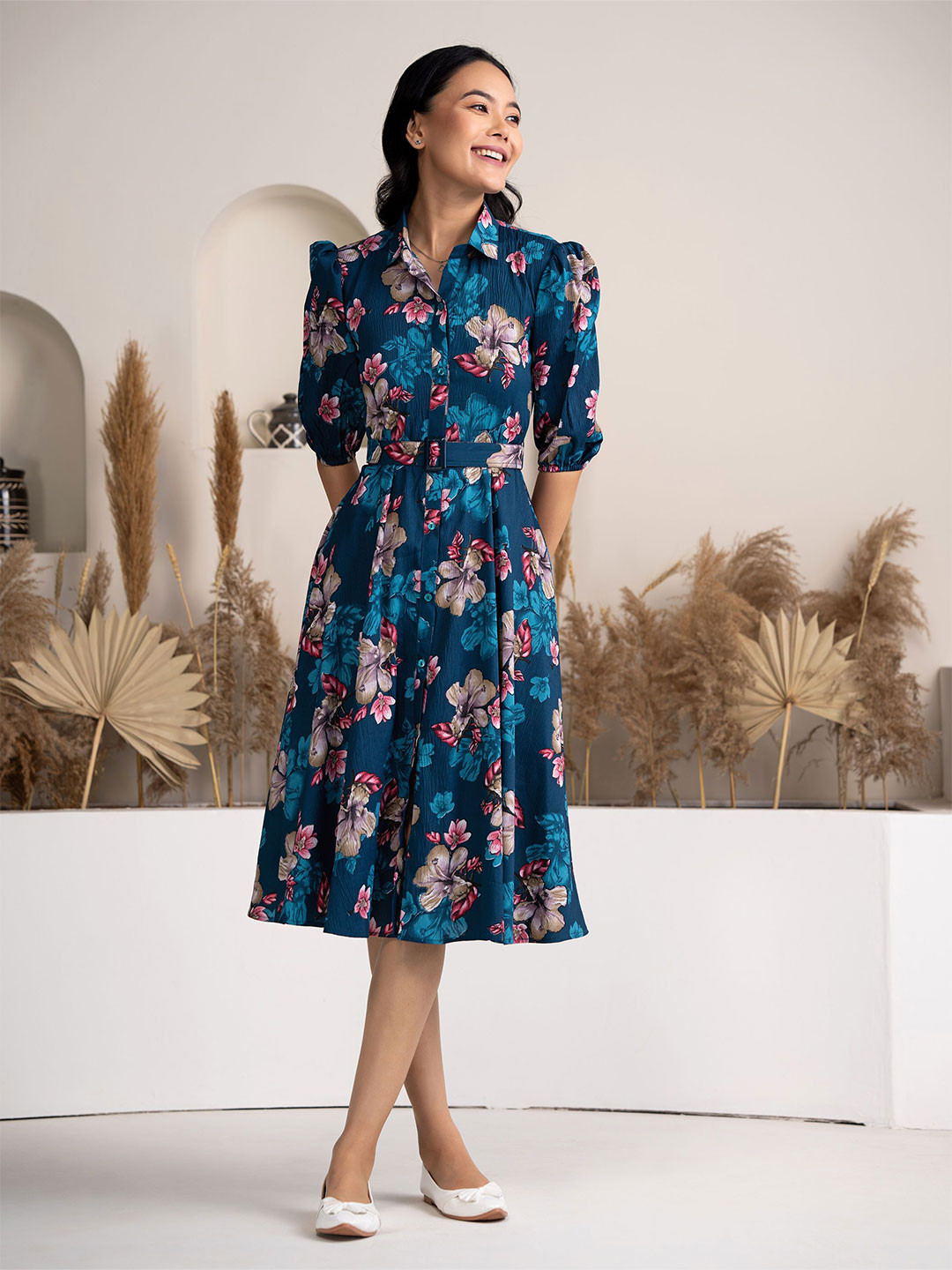 DressBerry Women Floral Printed Shirt Collar Fit & Flare Dress