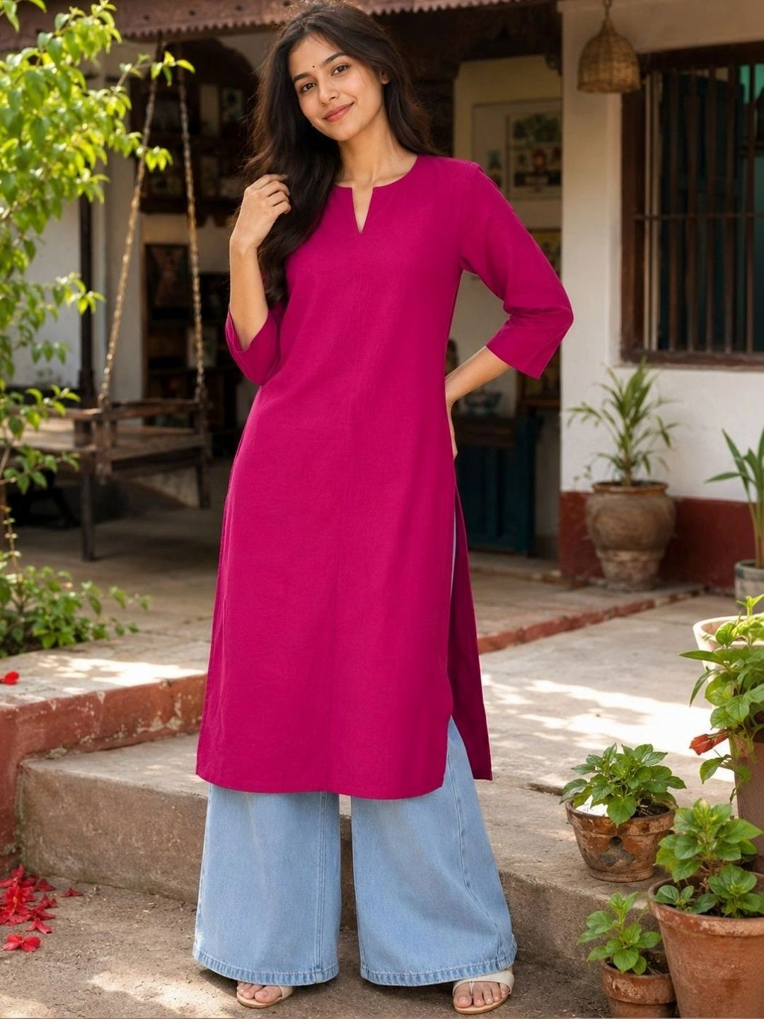 swingal Women Rani Pink Solid Pure Cotton Straight Kurta