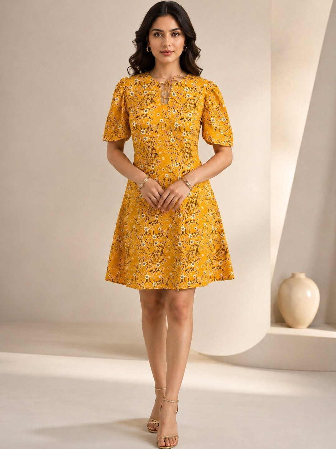 DressBerry Floral Print Keyhole Neck Puff Sleeve A-Line Dress