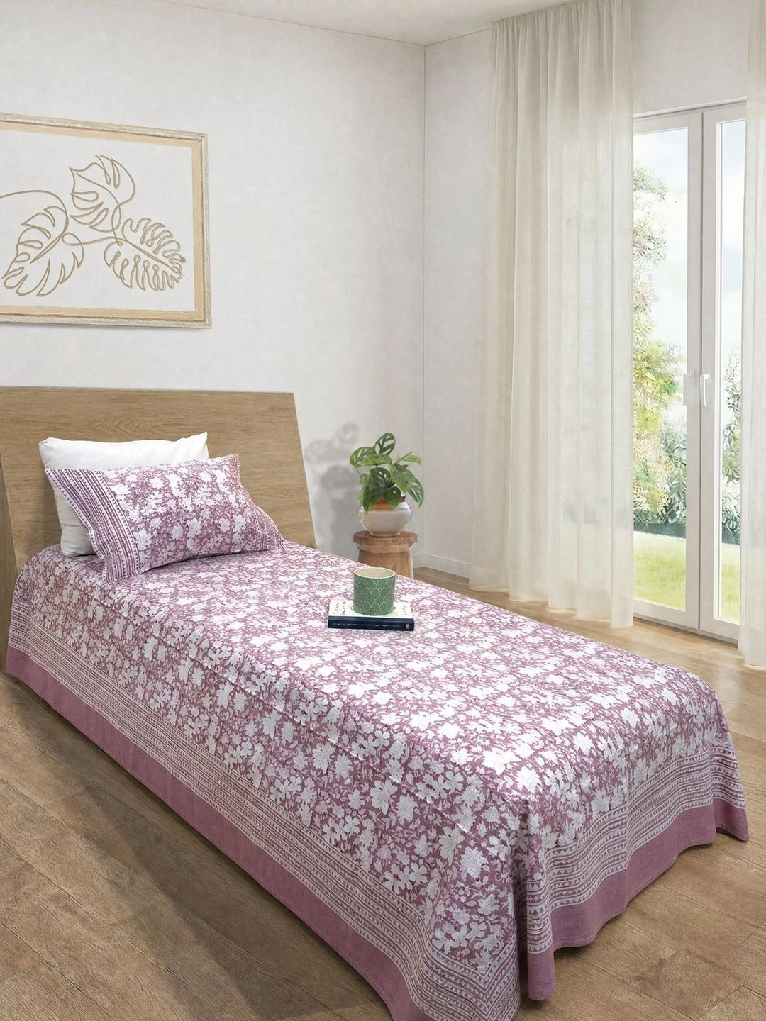 TOAI Purple & White Floral 300 TC Single Bedsheet with 1 Pillow Covers