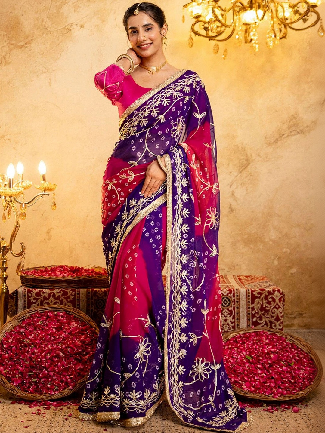 Satrani Bandhani Gotta Patti Pure Georgette Saree