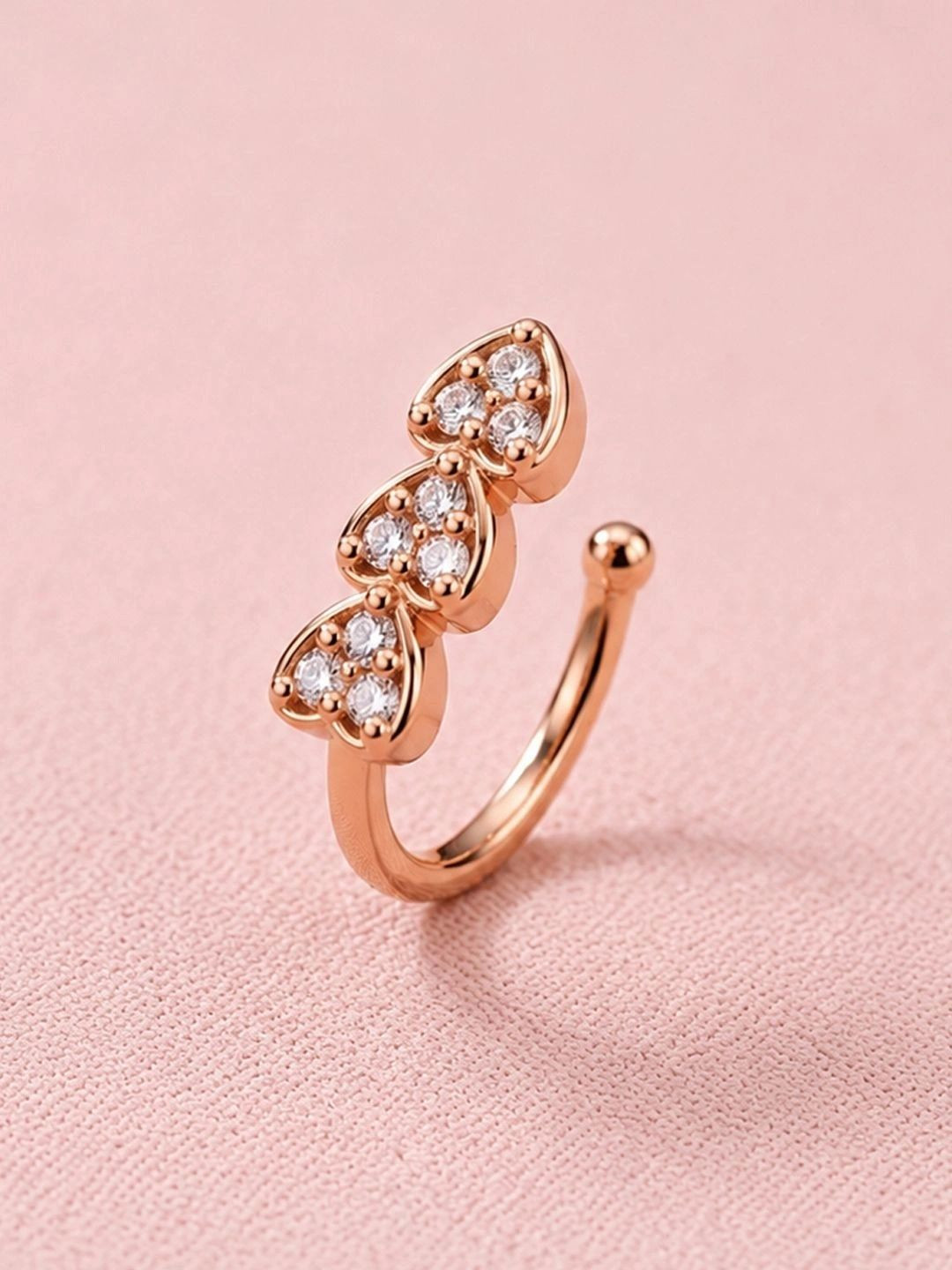 ADIVA Rose Gold-Plated White AD Stone Triple Heart Clip-On Nose Pin