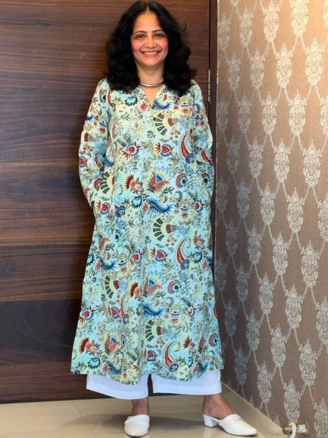 Belle Creations Pune Light Blue Katha Work Pure Cotton A Line Kurti