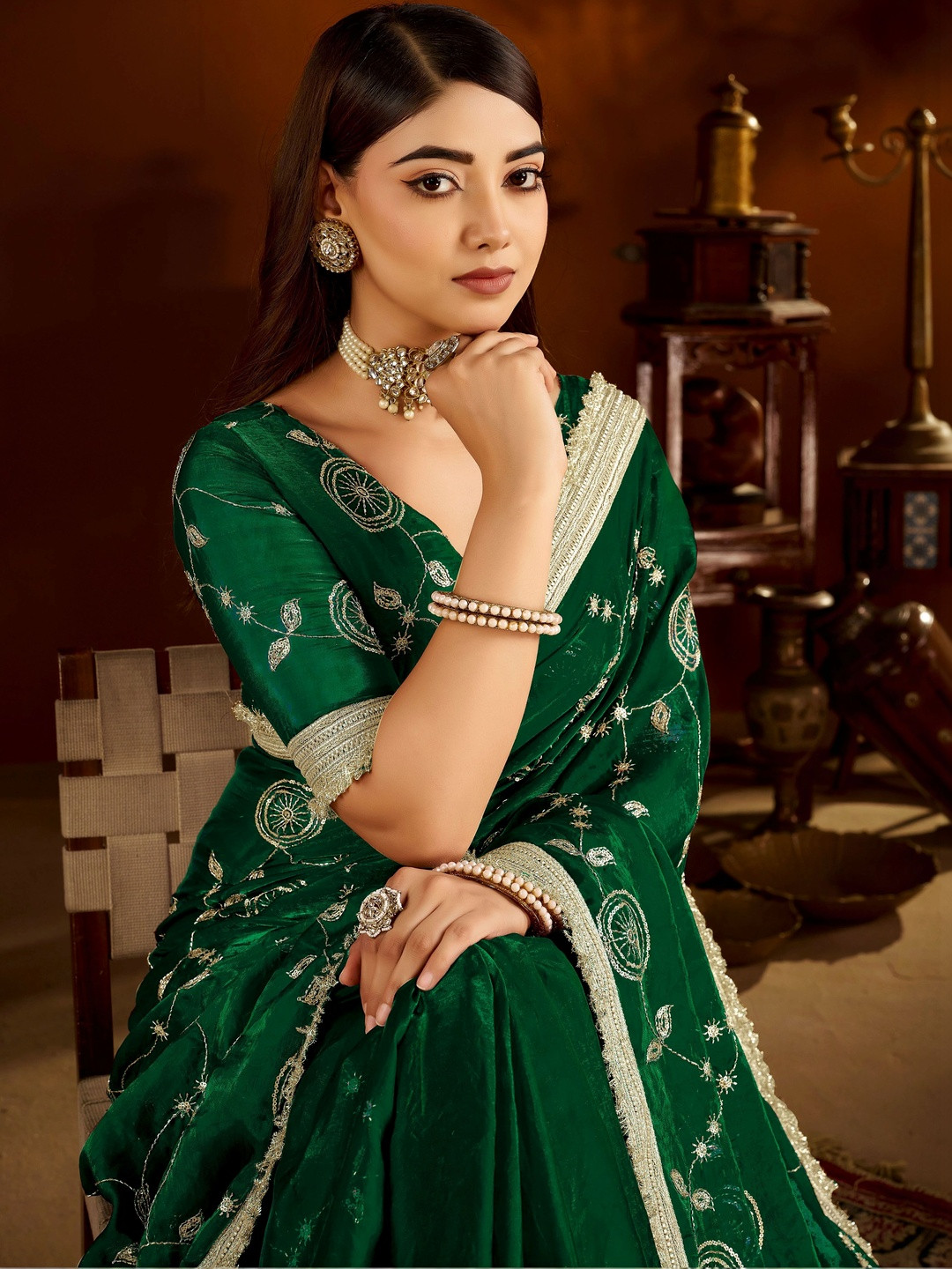 GRUHNAREE Embellished Embroidered Satin Saree
