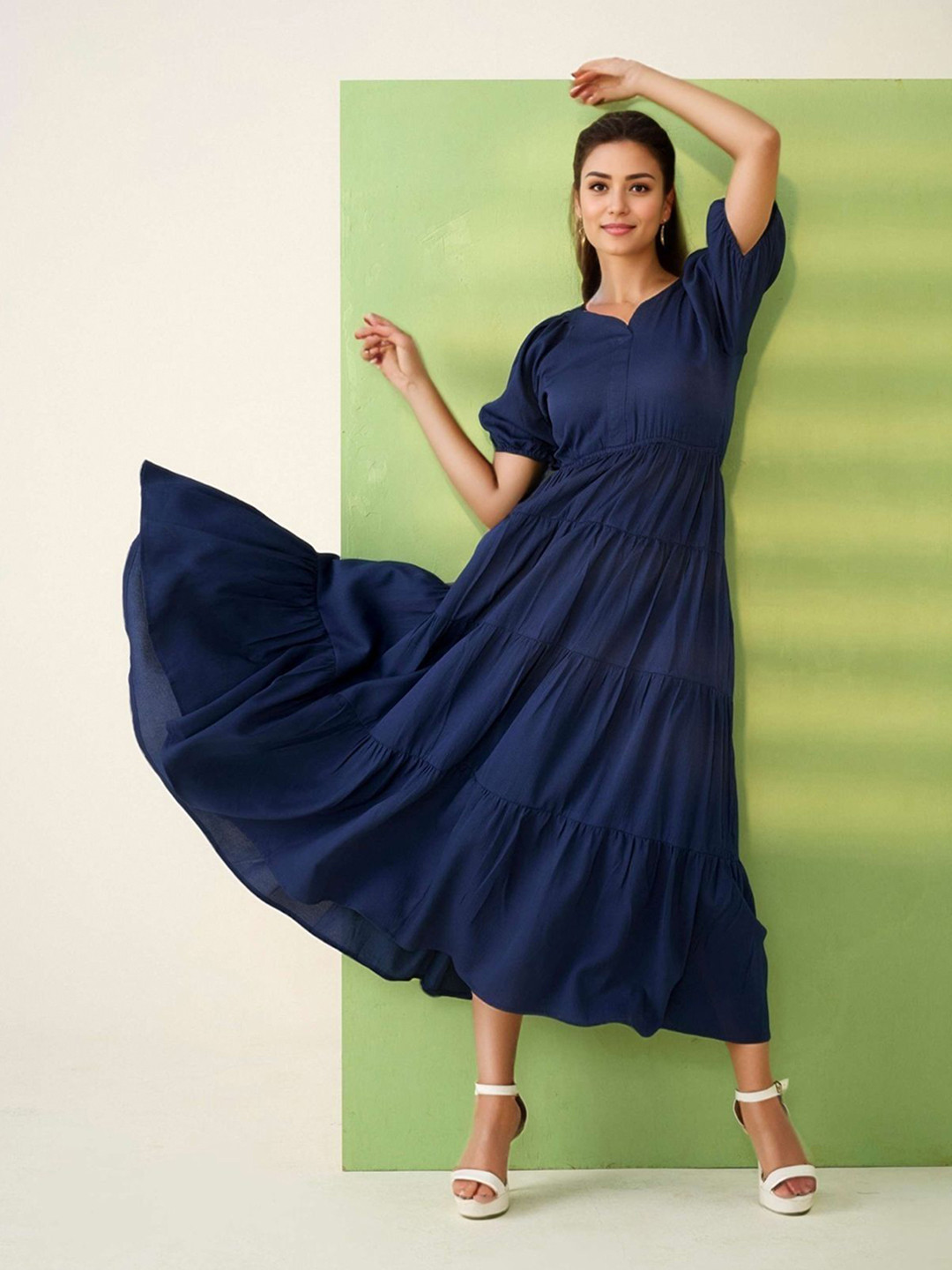 DressBerry Women V-Neck Puff Sleeve Tiered Cotton Fit & Flare Midi Dress