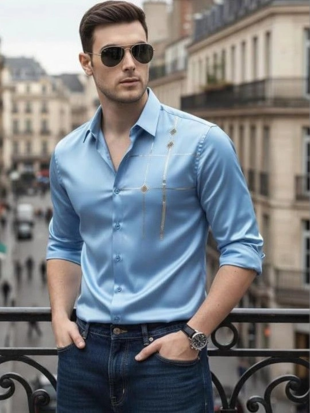 Foomer Men Satin Spread Collar Standard Casual Shirt