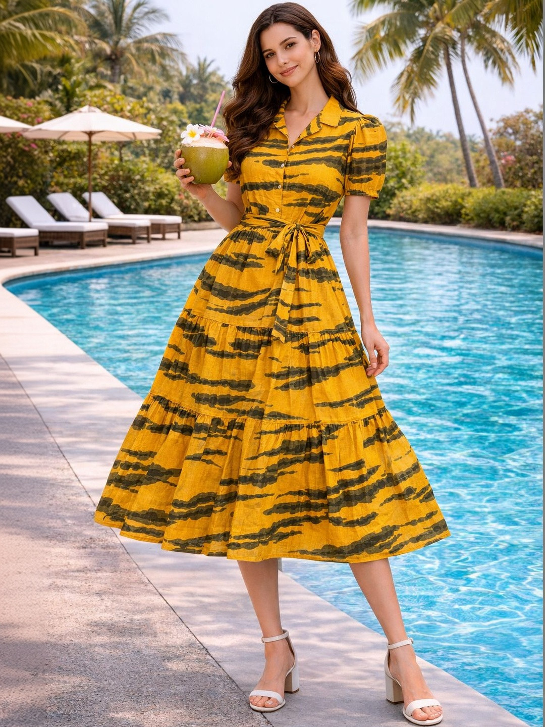 DressBerry Animal Print Puff Sleeve Fit & Flare Midi Dress
