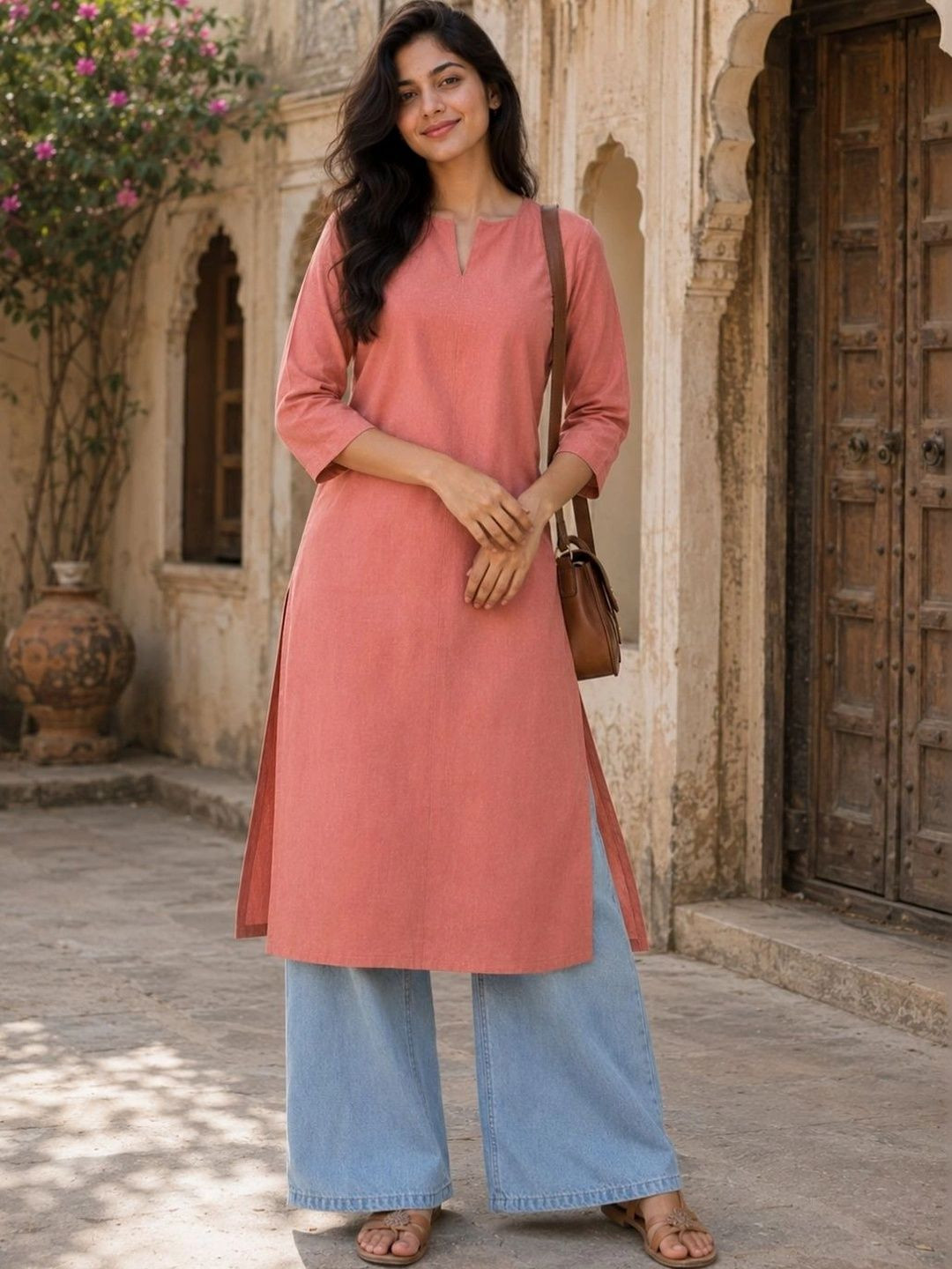 swingal Women Peach Solid Pure Cotton Straight Kurta