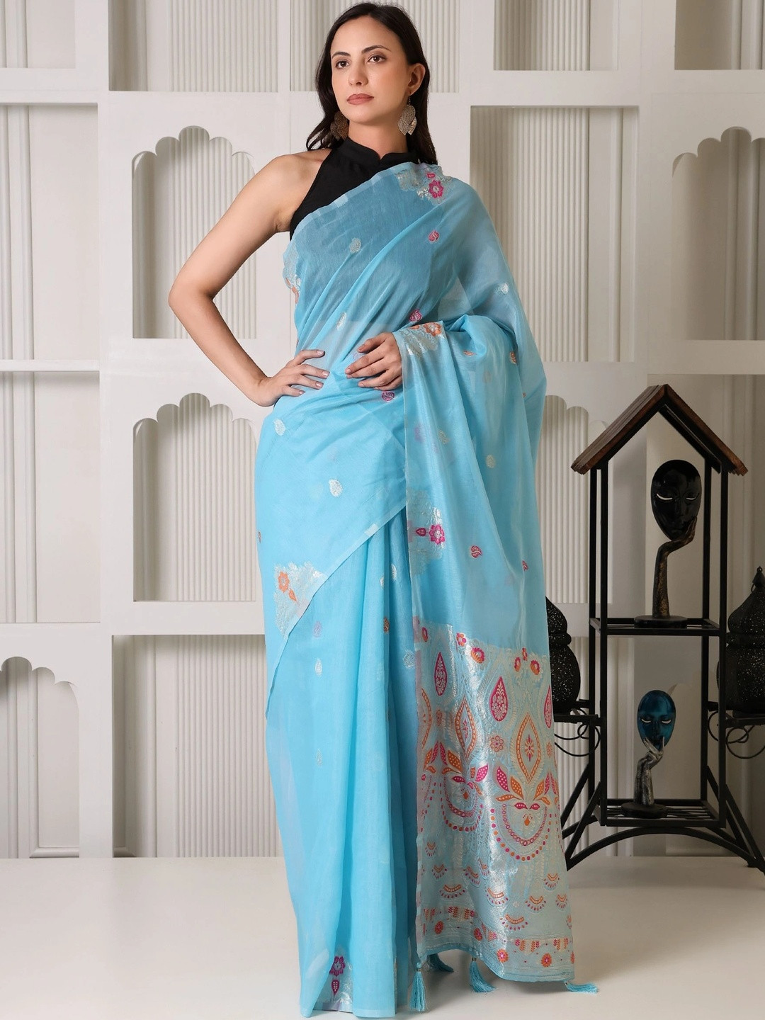 AMRAANA Ethnic Motifs Zari Pure Linen Saree