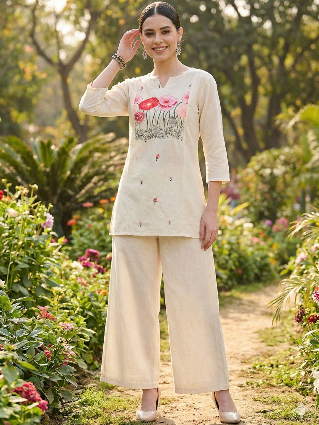 DressBerry Embroidered Pure Cotton Round Neck Tunic & Trousers Co-Ords