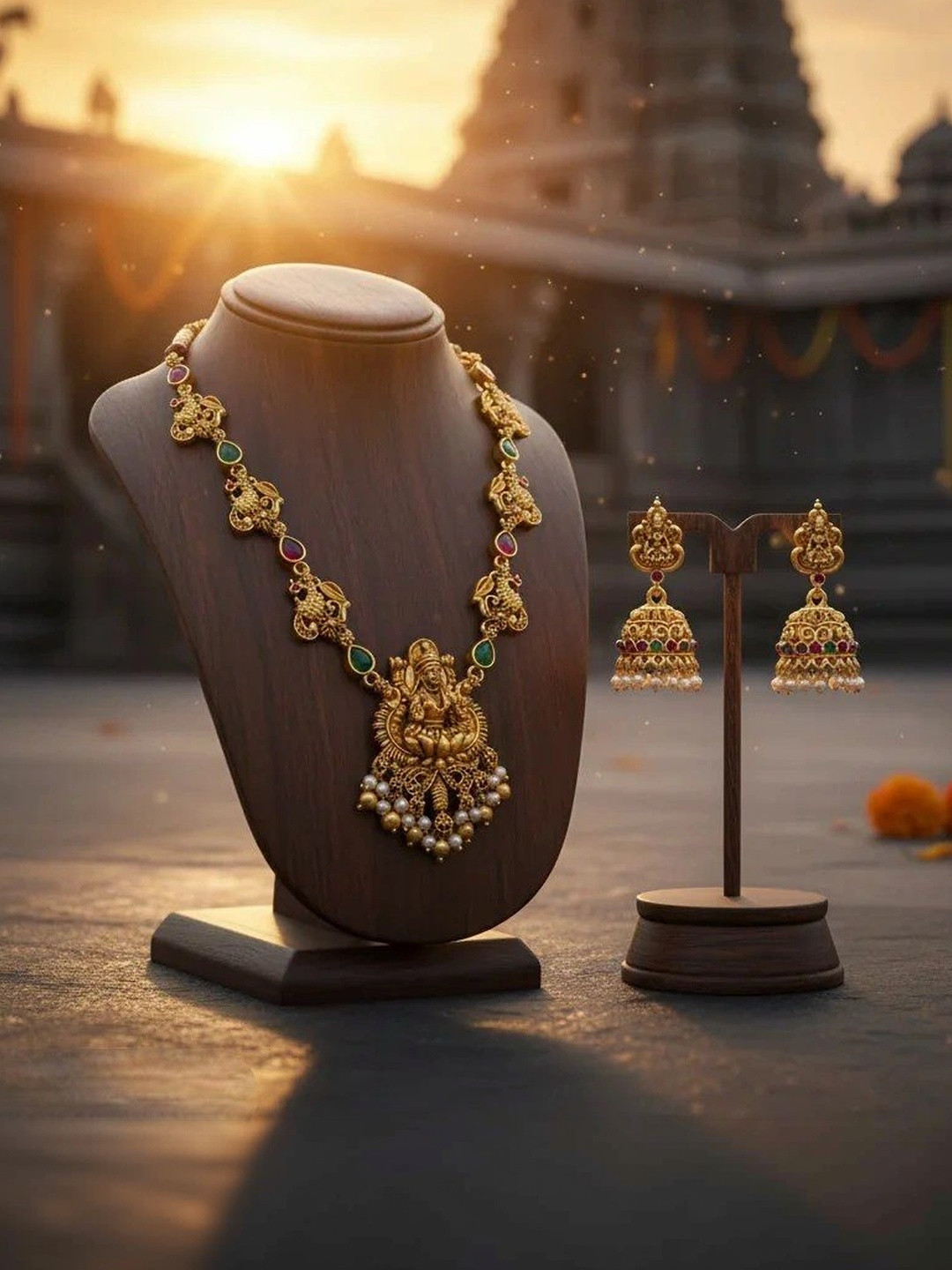 LAFORWORD Women Gold-Plated Temple Beaded Necklace and Earrings