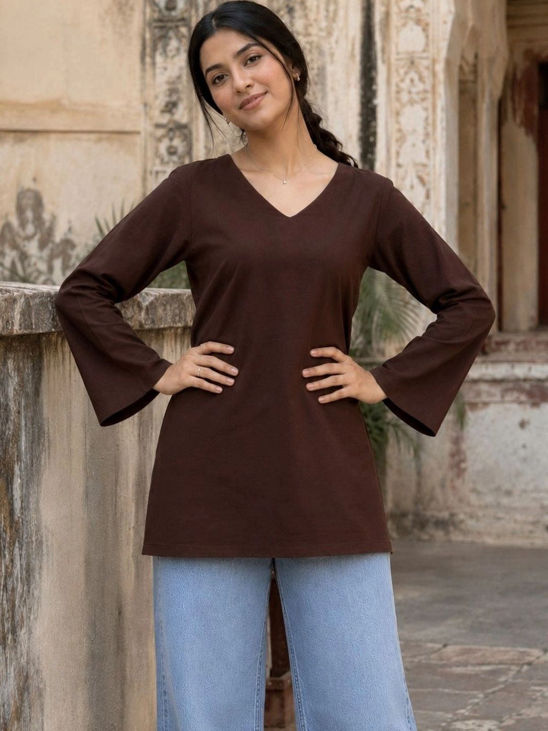 swingal V-Neck Flared Sleeves Pure Cotton Kurti