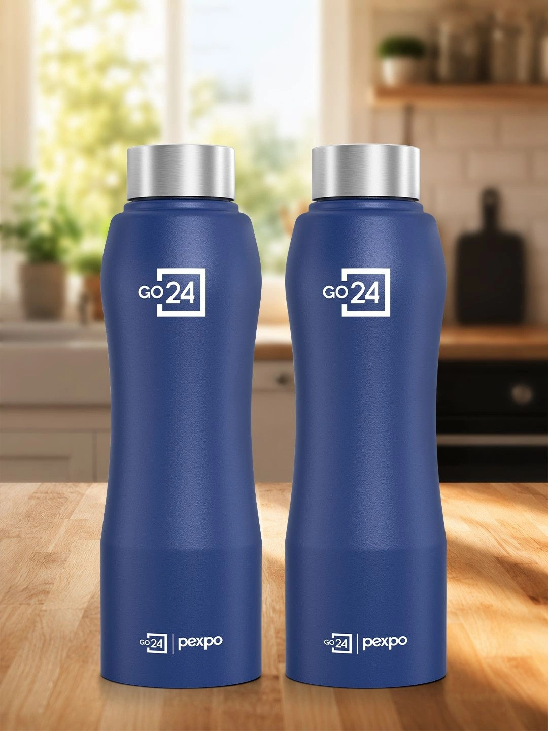 Go24 Bistro-Xtreme Navy Blue Stainless Steel Single Wall Vacuum 2 Piece Water Bottle - 1L