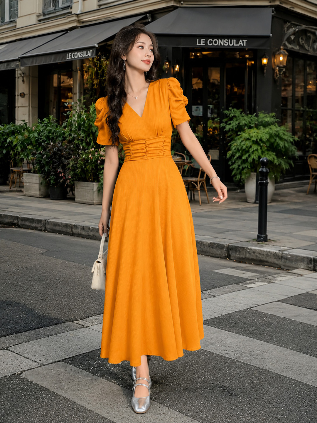 Tromko Puff Sleeve A-Line Midi Dress