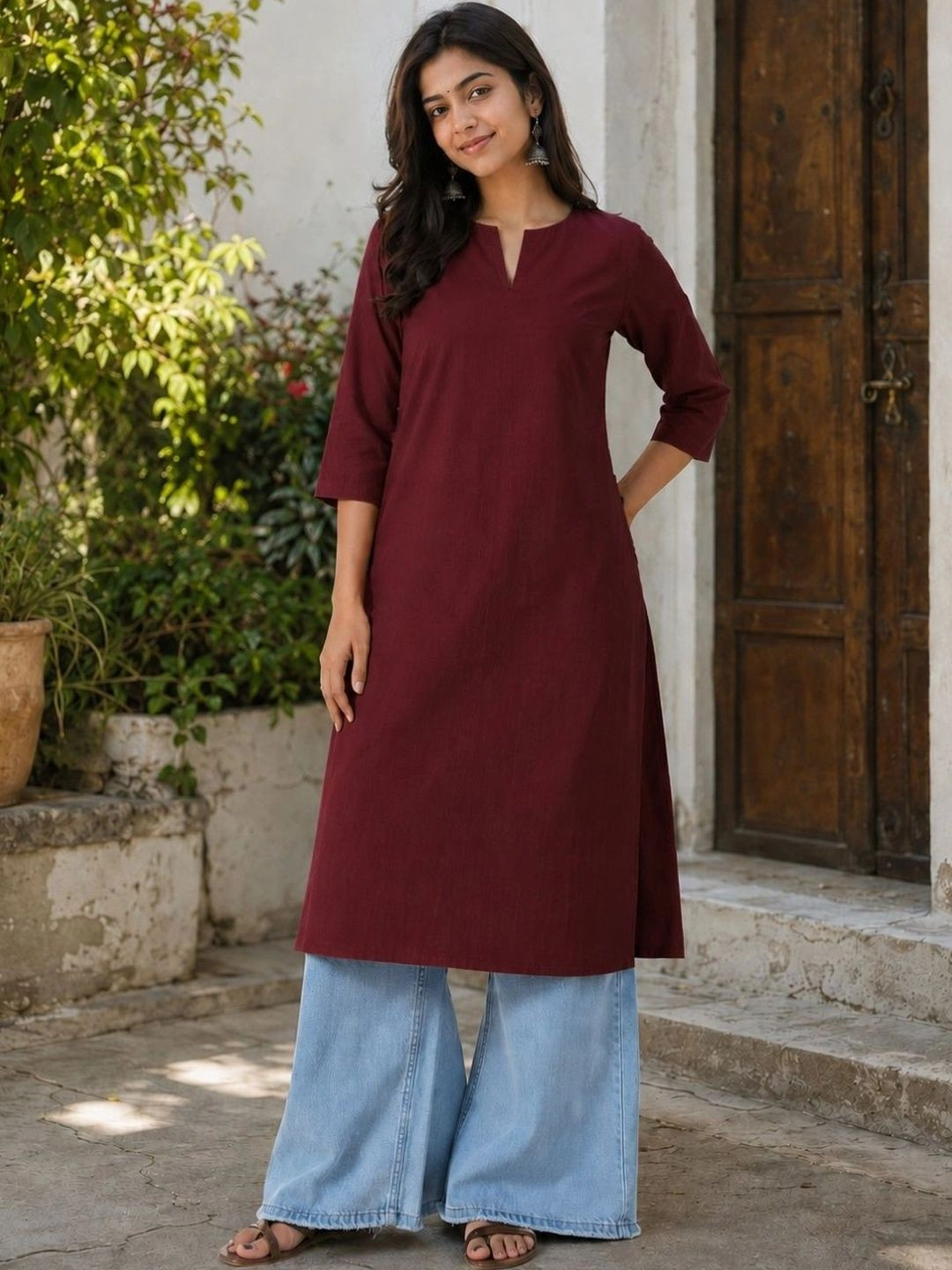 swingal Women Maroon Solid Pure Cotton Straight Kurta