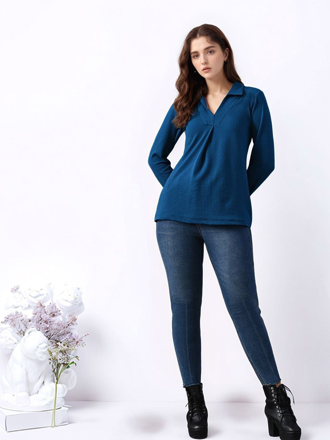 DressBerry Women Shirt Collar Ribbed Top