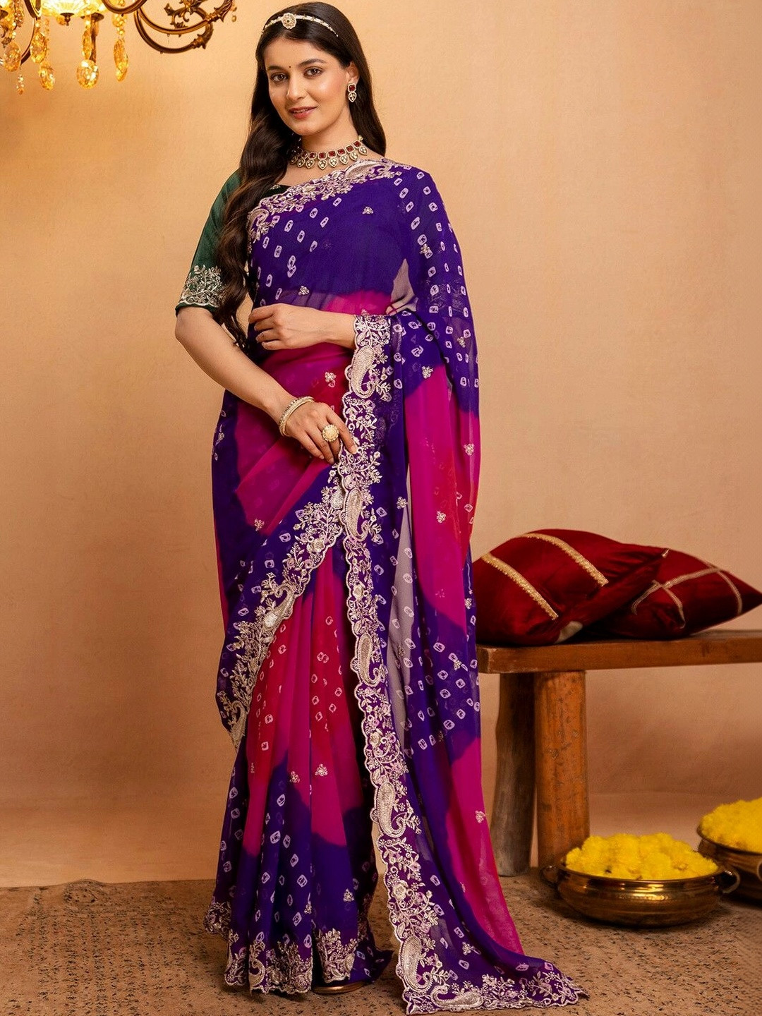 Satrani Bandhani Embroidered Pure Georgette Saree