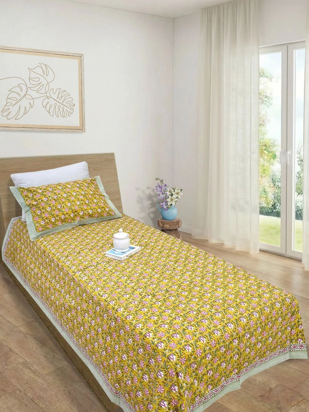 TOAI Yellow & Pink Floral 300 TC Single Bedsheet with 1 Pillow Covers