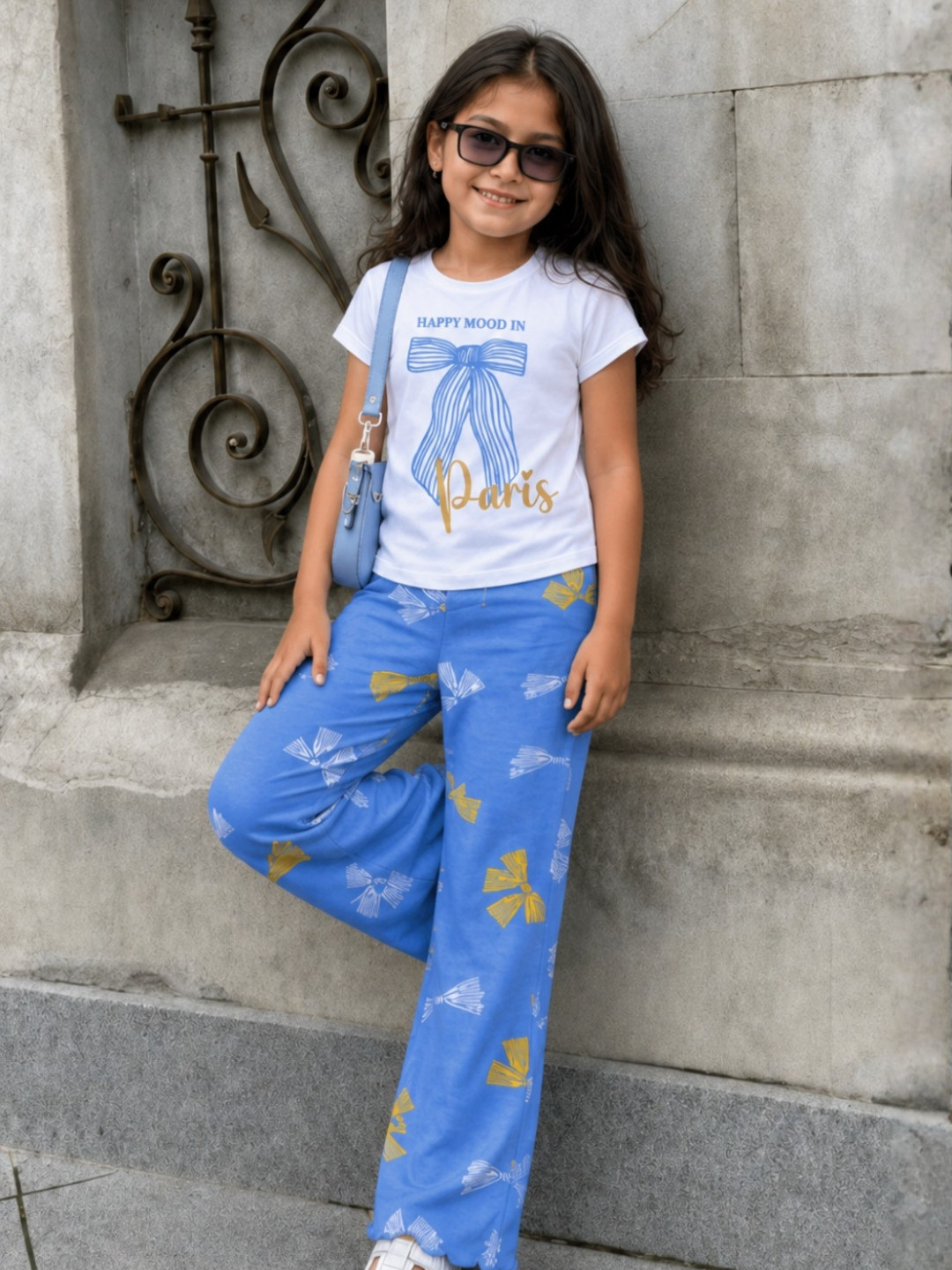 Nap Chief Girls Mood In Paris Printed Cotton T-Shirt With Trousers