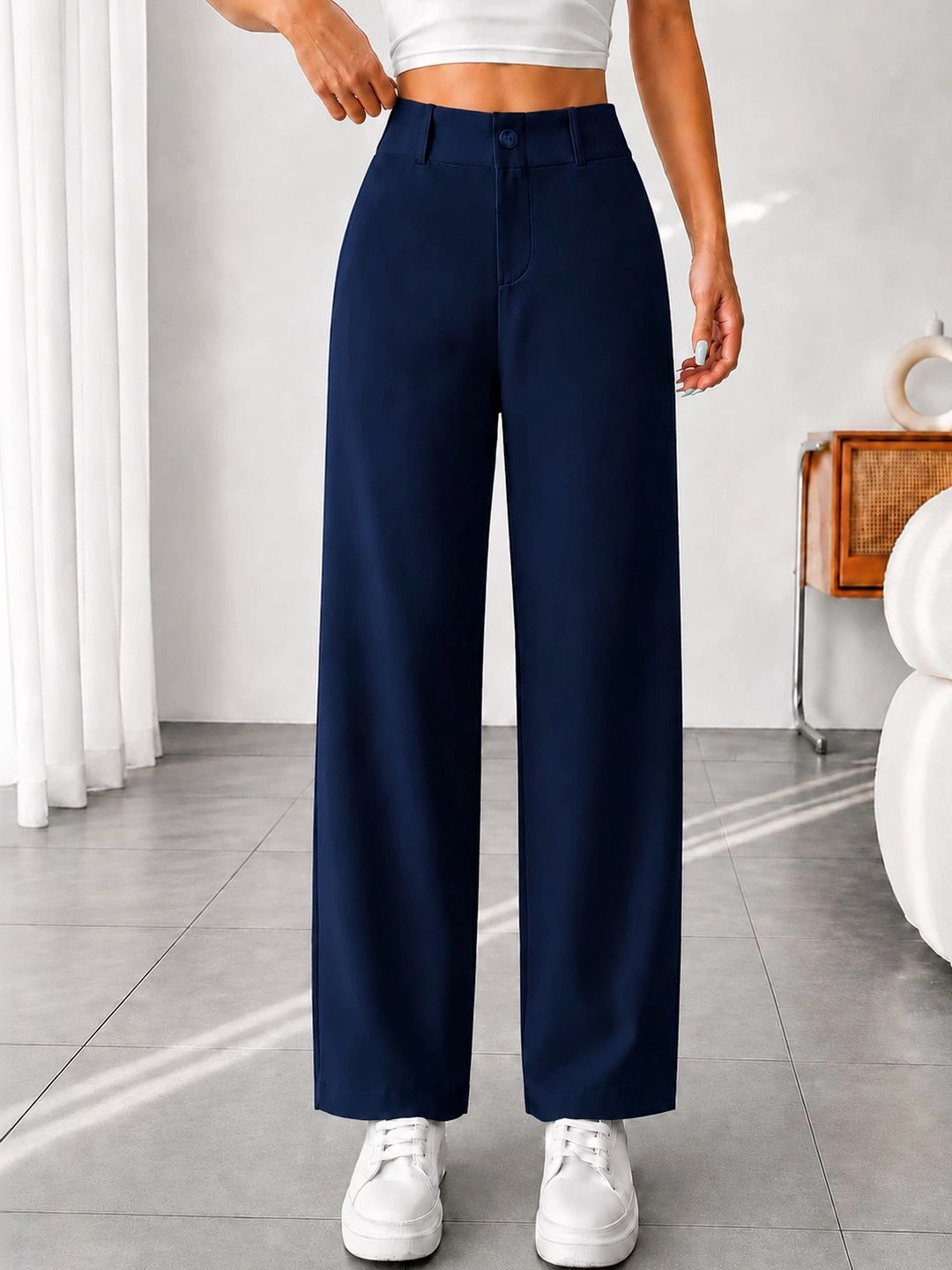 CREZYVEZY Women Relaxed Straight Leg High-Rise Easy Wash Trousers