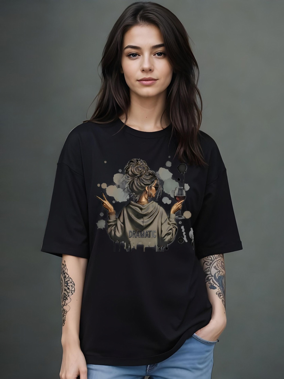 DressBerry Graphic Printed Round Neck Drop-Shoulder Sleeves Oversized Cotton T-shirt