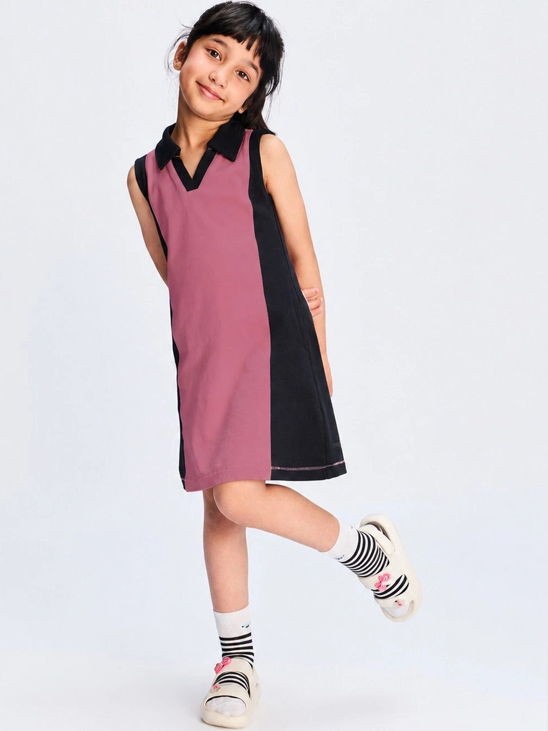 Dotokids Girls Colourblocked Cotton Polo Dress With Pockets