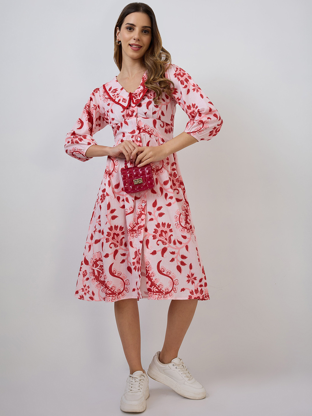 DressBerry Floral Printed Peter Pan Collar Puff Sleeve Crepe Shirt Midi Dress
