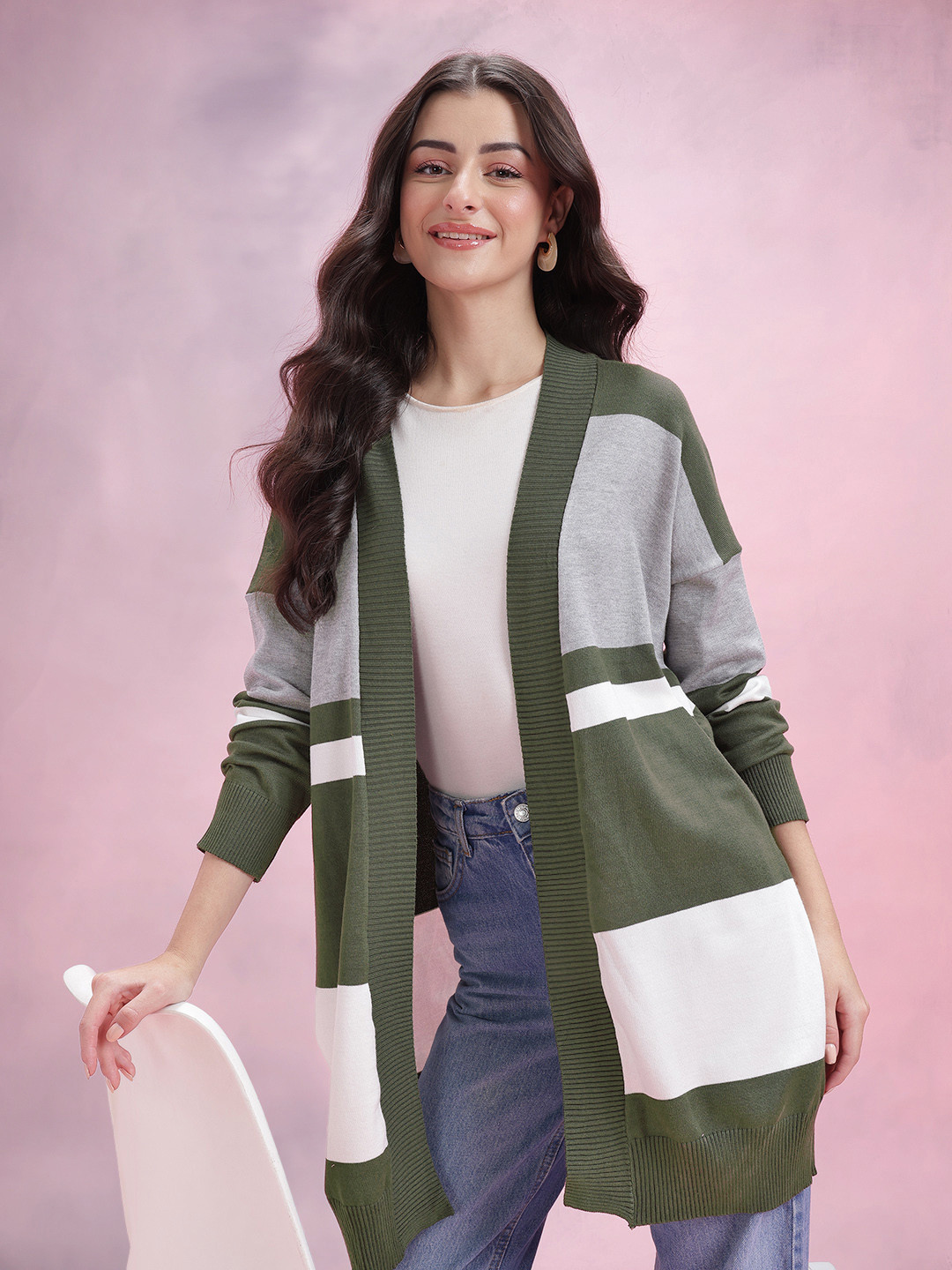 DressBerry Horizontally Striped Collarless Front-Open Winter Longline Shrug