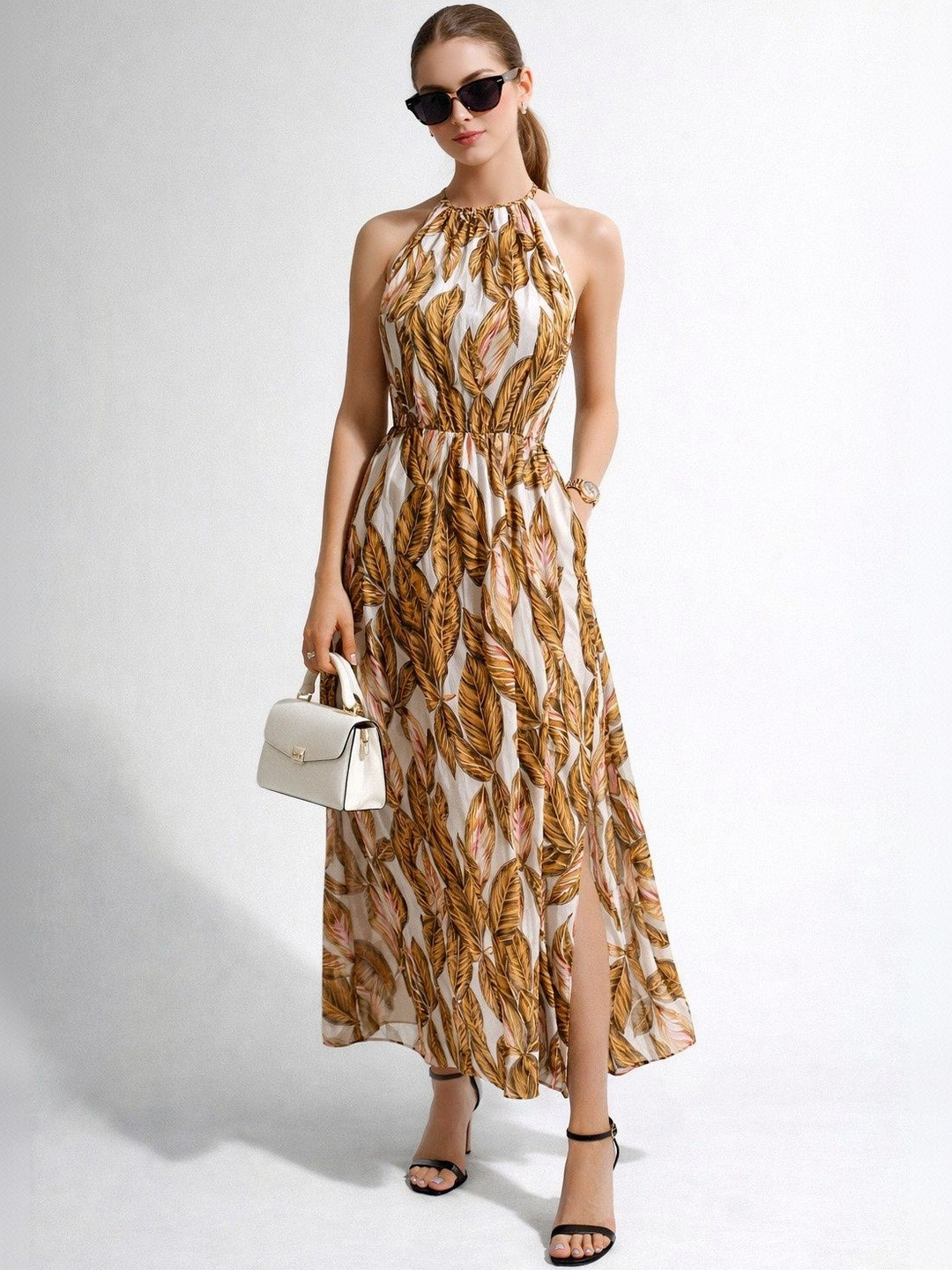 DressBerry Tropical Print Halter Neck Crepe A-Line Midi Dress