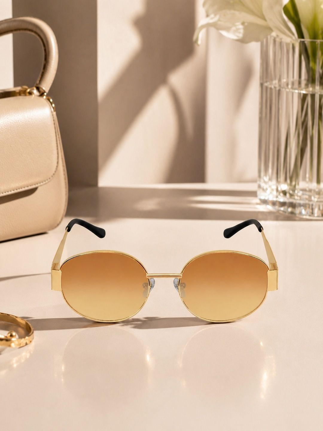 DressBerry Women Brown Lens & Gold-Toned Oval Sunglasses with
